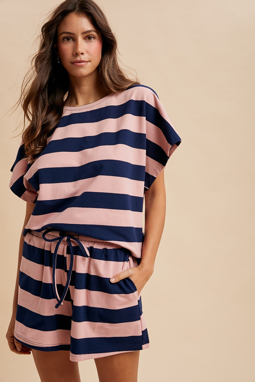 Striped French Terry Knit Top & Shorts Set