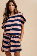 Striped French Terry Knit Top & Shorts Set - Navy/Pink