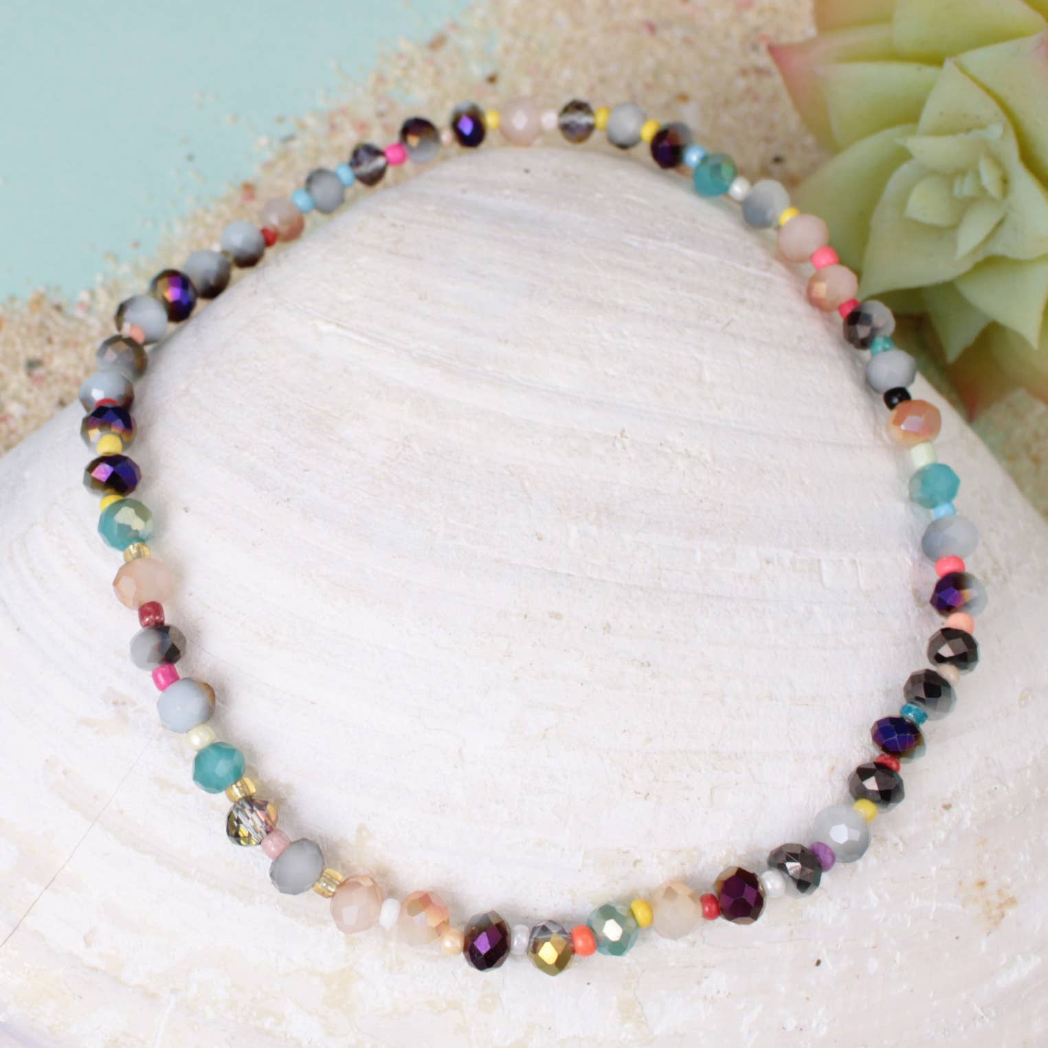 Shimmering Sea Multicolor Bead Stretch Anklet