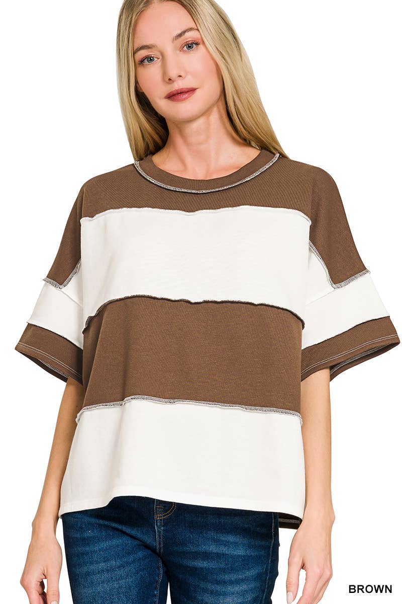 French Terry Color Block Exposed Seam Top - Zenana