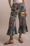 Embroidered Patchwork Ruffle Crop Pants