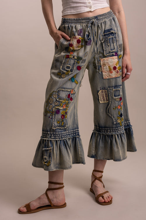 Embroidered Patchwork Ruffle Crop Pants