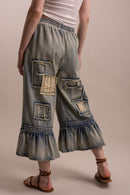 Embroidered Patchwork Ruffle Crop Pants