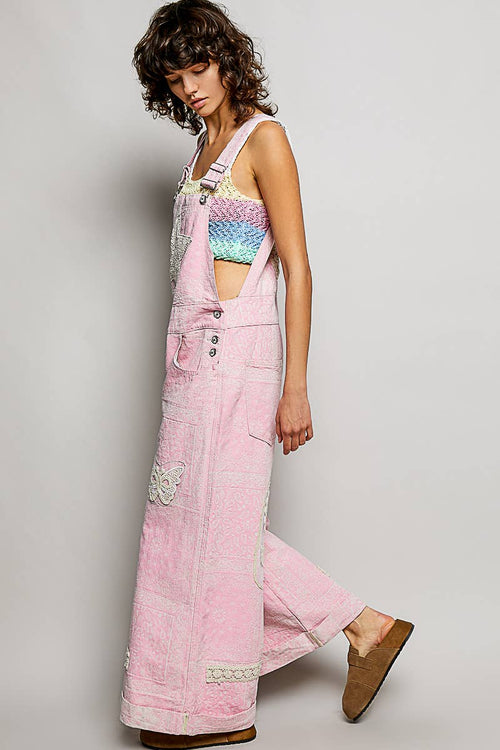 Floral Crochet Pearl Patch Roomy Fit Twill Overalls