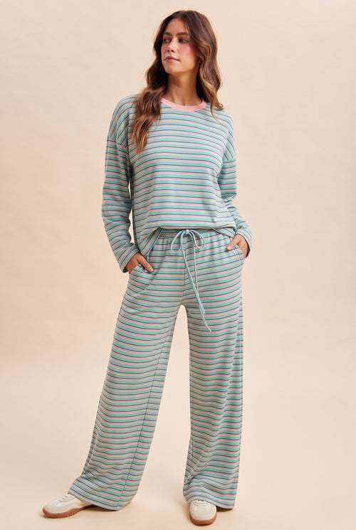 Brushed Stripe Jersey Tee & Drawstring Pants Set - Sea Foam