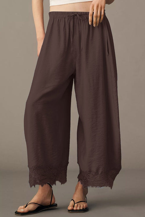 Lace Trim Wide Leg Pants - Coffee