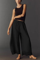 Lace Trim Wide Leg Pants - Black