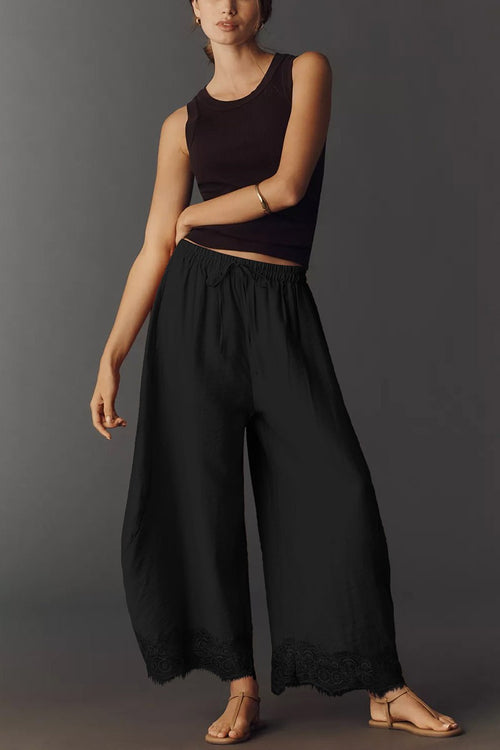 Lace Trim Wide Leg Pants - Black