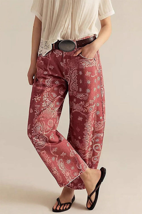 Paisley Print High-Waist Baggy Jeans