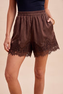 Floral Lace Trimmed Satin Mini Shorts