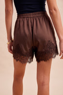 Floral Lace Trimmed Satin Mini Shorts