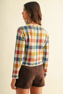 Multi Color Check Jacquard Sweater Cardigan