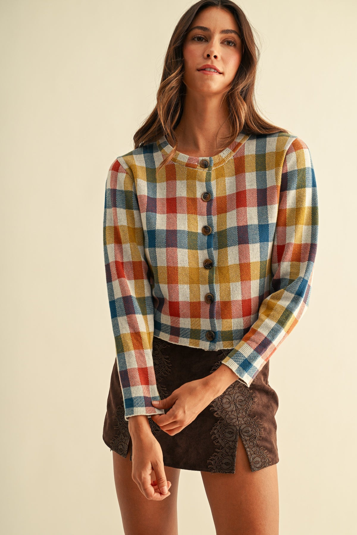 Multicolor Check Jacquard Cardigan