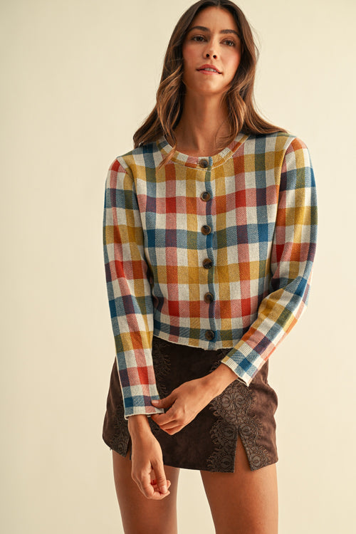 Multi Color Check Jacquard Sweater Cardigan