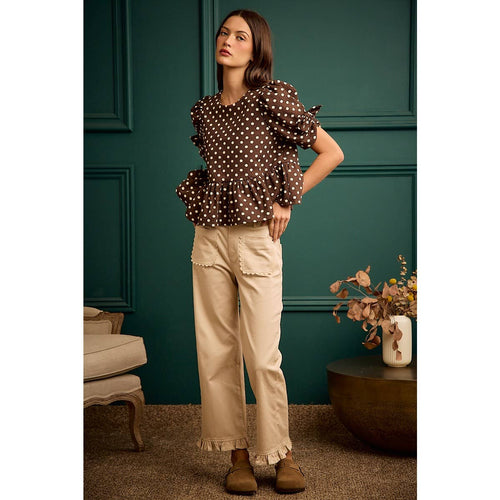 POLKA DOT BOW DETAIL SHORT SLEEVES PEPLUM TOP