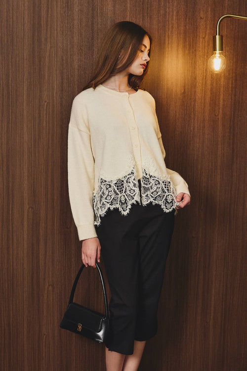 Lace Hem Button Front Knit Sweater Cardigan