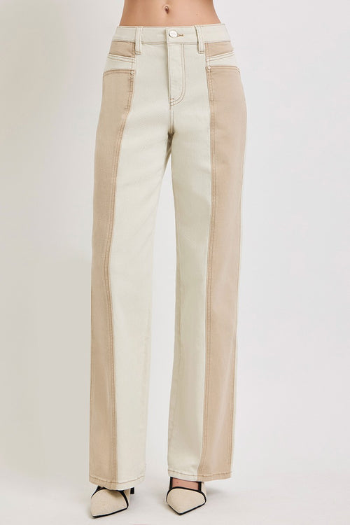 High Rise Wide Straight Contrast Wash Pants