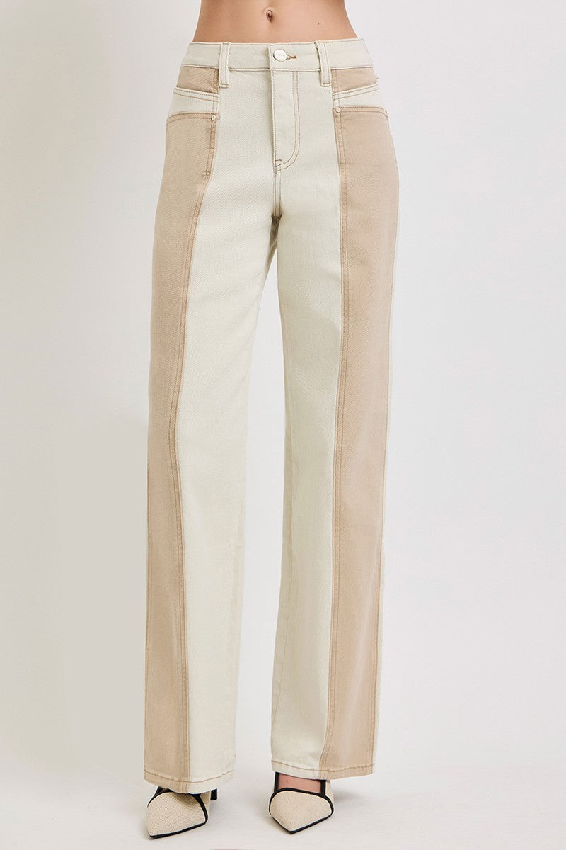 Risen High Rise Contrast Wash Straight Jeans