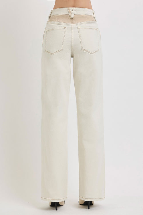 High Rise Wide Straight Contrast Wash Pants