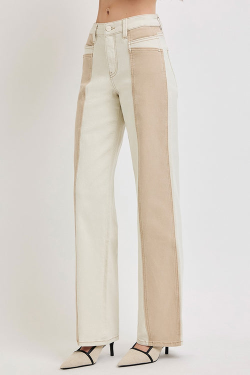 High Rise Wide Straight Contrast Wash Pants
