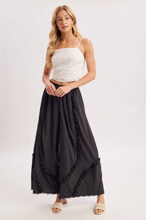 BOHO EYELET LACE RUFFLE TRIMMED WIDE PANTS