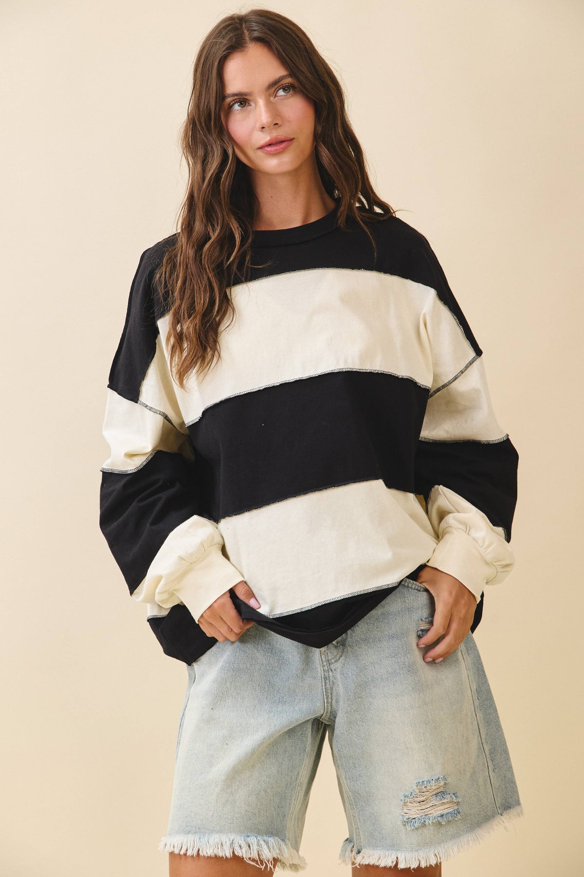 8551GN Oversized Color Block Long Sleeve Pullover