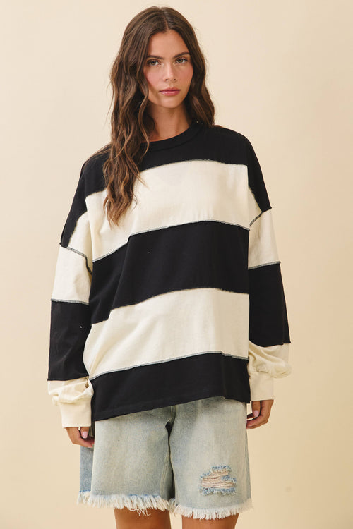 8551GN Oversized Color Block Long Sleeve Pullover