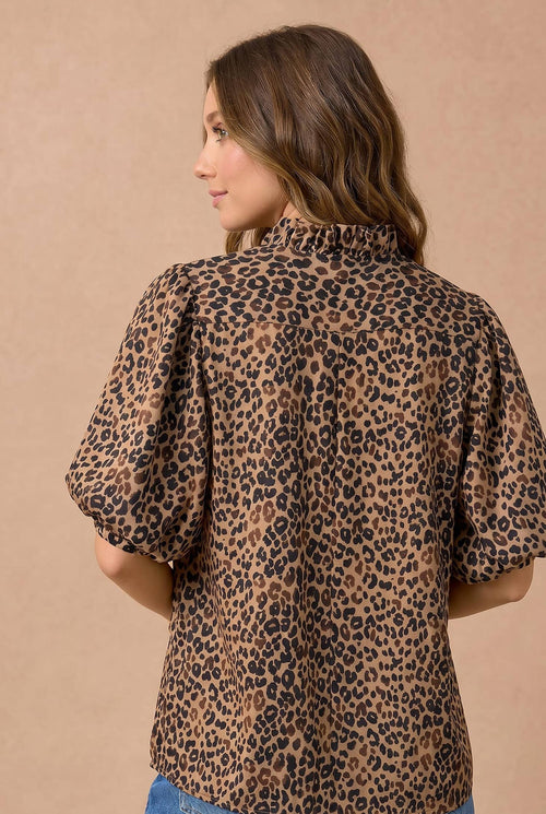 Plus Leopard Ruffle Notch Neck Blouse