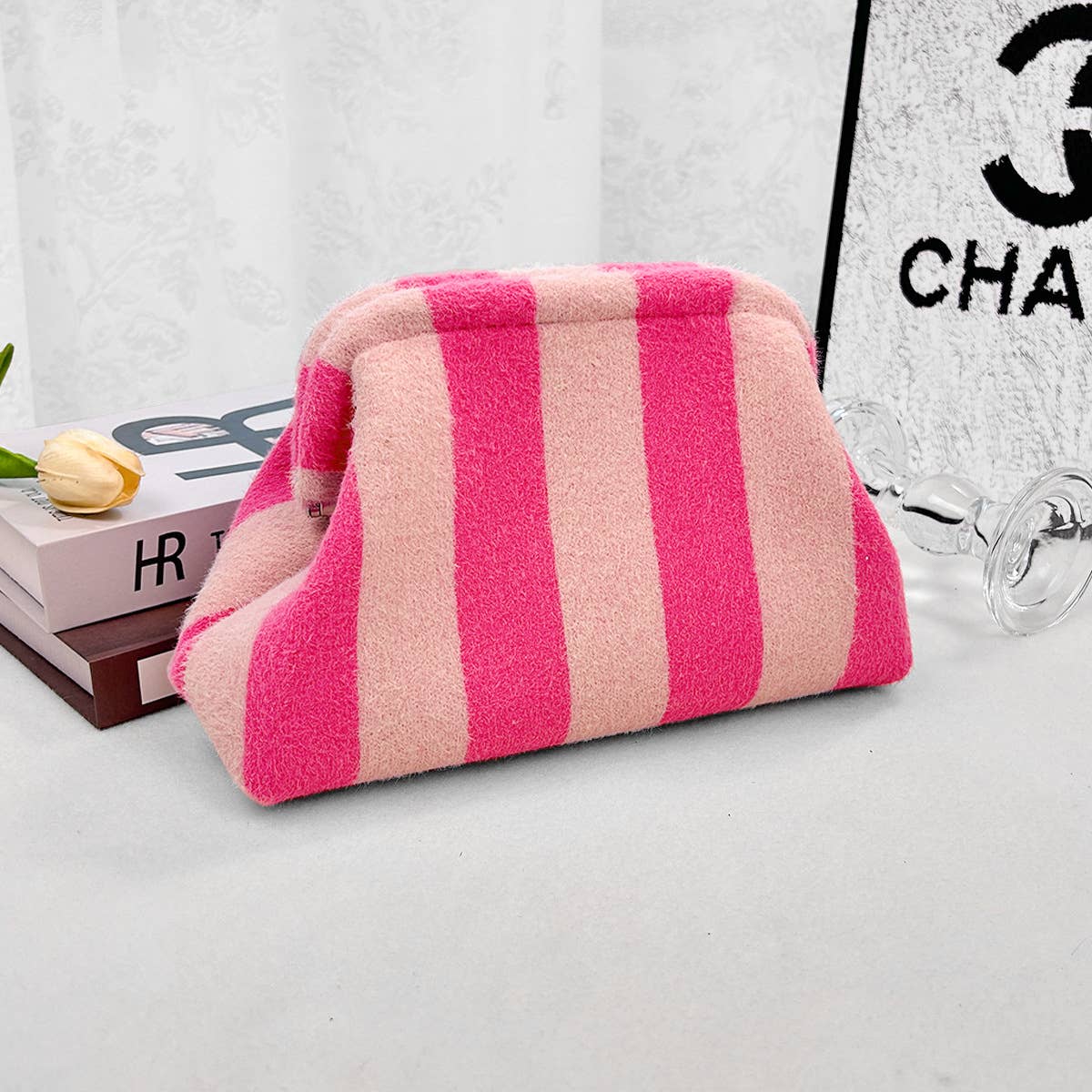 Compact Urban Chic Stripe Design Clutch Bag Makeup Pouch
