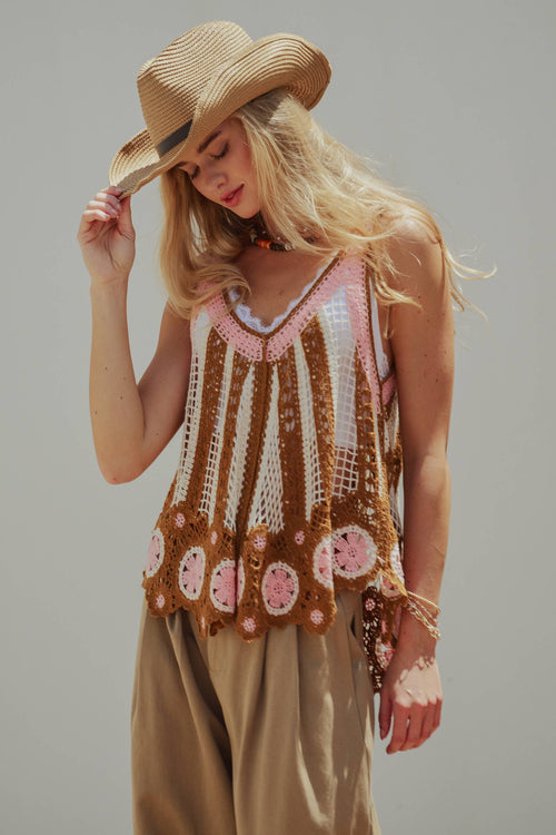 Floral Motif Open-Knit Crochet Tank