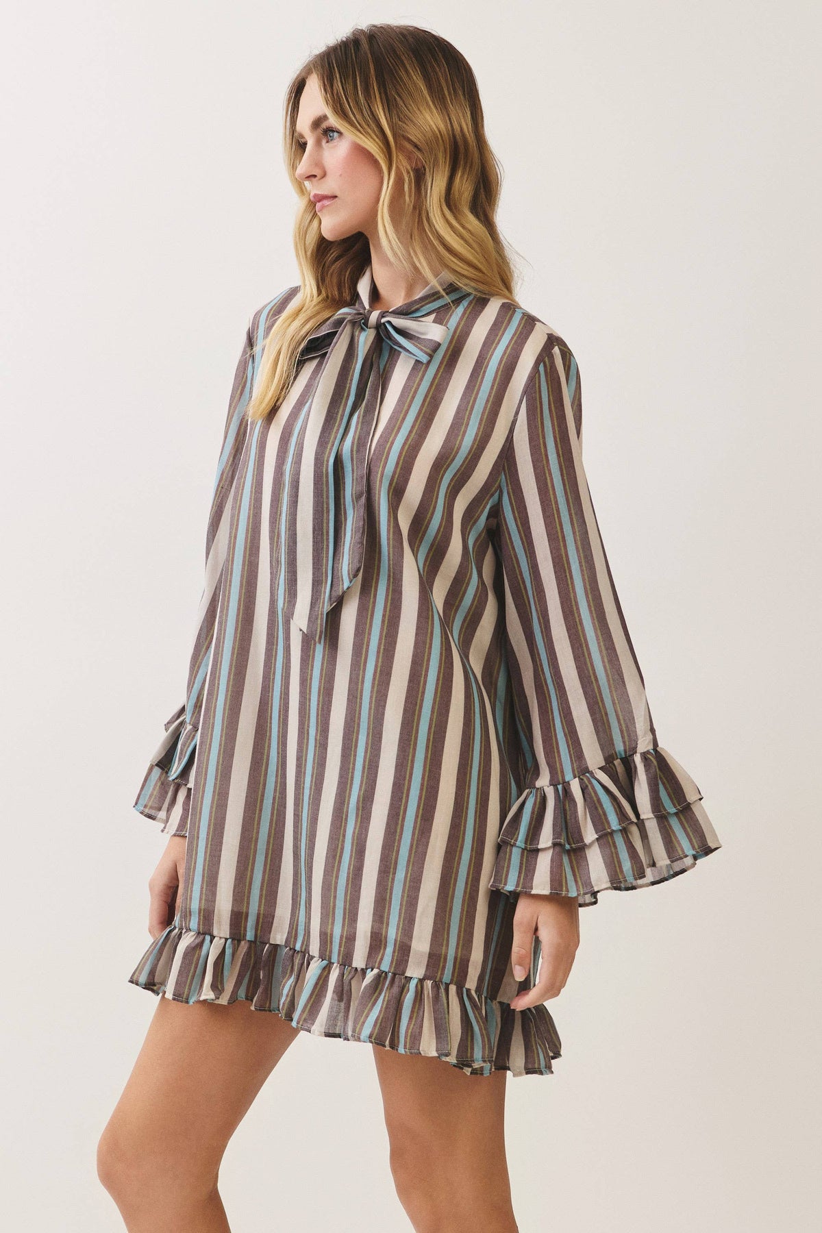 CD07559-Striped Bow Tie Ruffle Mini Dress