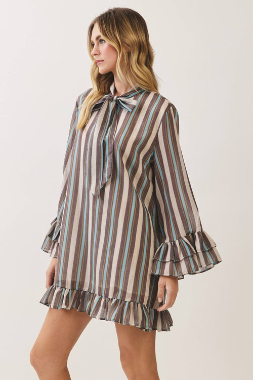 CD07559-Striped Bow Tie Ruffle Mini Dress