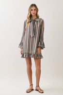 CD07559-Striped Bow Tie Ruffle Mini Dress