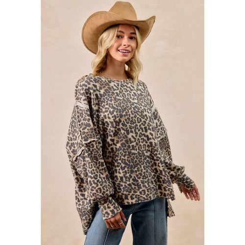 LEOPARD PRINT OVERSIZED WAFFLE THERMAL SWEATSHIRT
