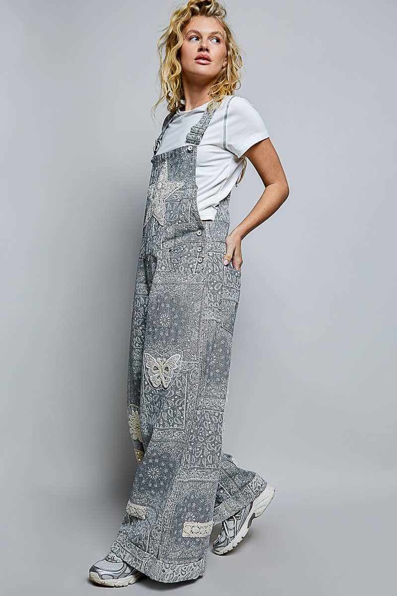 Floral Crochet Pearl Patch Roomy Fit Twill Overalls