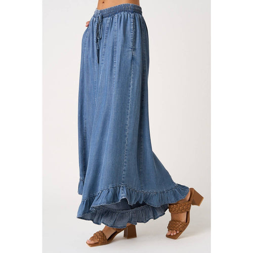 WASHED CHAMBRAY RUFFLE HEM WIDE LEG PANTS