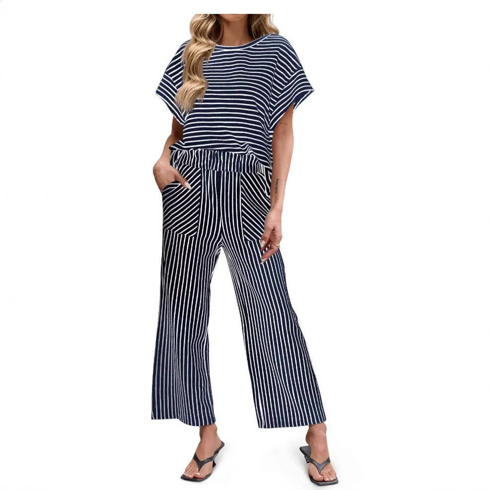 Striped Batwing Sleeve Top & Wide Leg Pants Set