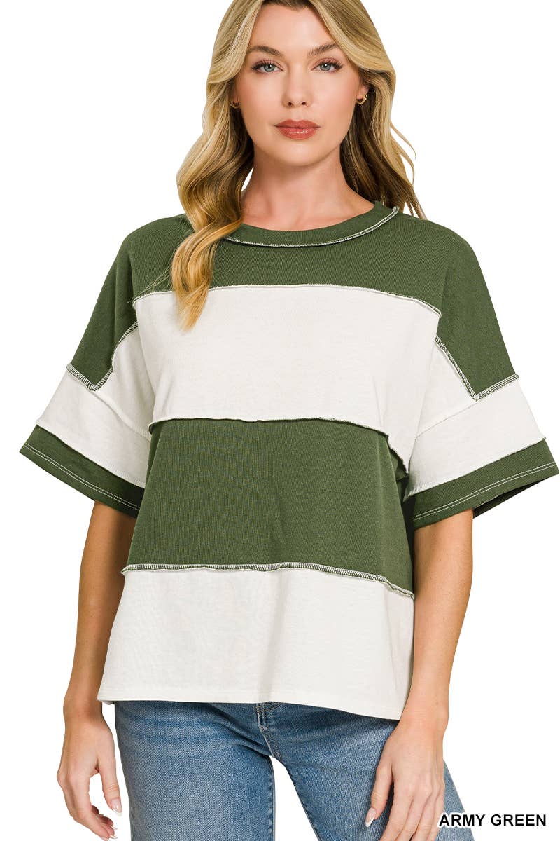 French Terry Color Block Exposed Seam Top - Zenana