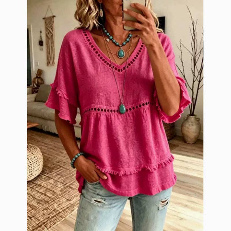 Boho Eyelet Trim Linen V Neck Ruffle Sleeve Blouse