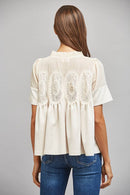 SHEER MESH UPPER PANEL WITH LACE APPLIQUE FAUX SUEDE TOP
