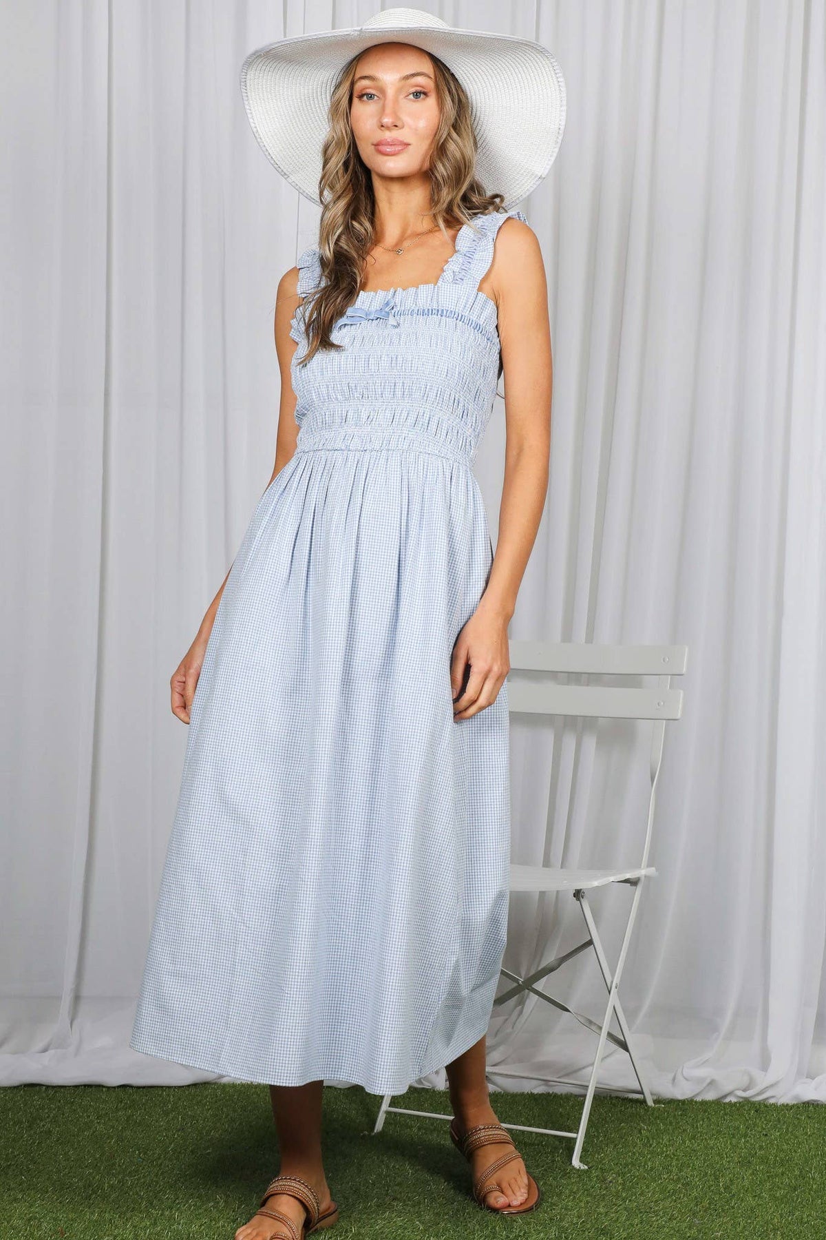 Gingham Velvet Trim Strap 100% Cotton Midi Dress VD83286