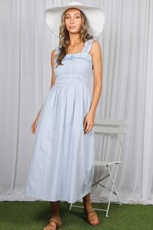 Gingham Velvet Trim Strap 100% Cotton Midi Dress VD83286