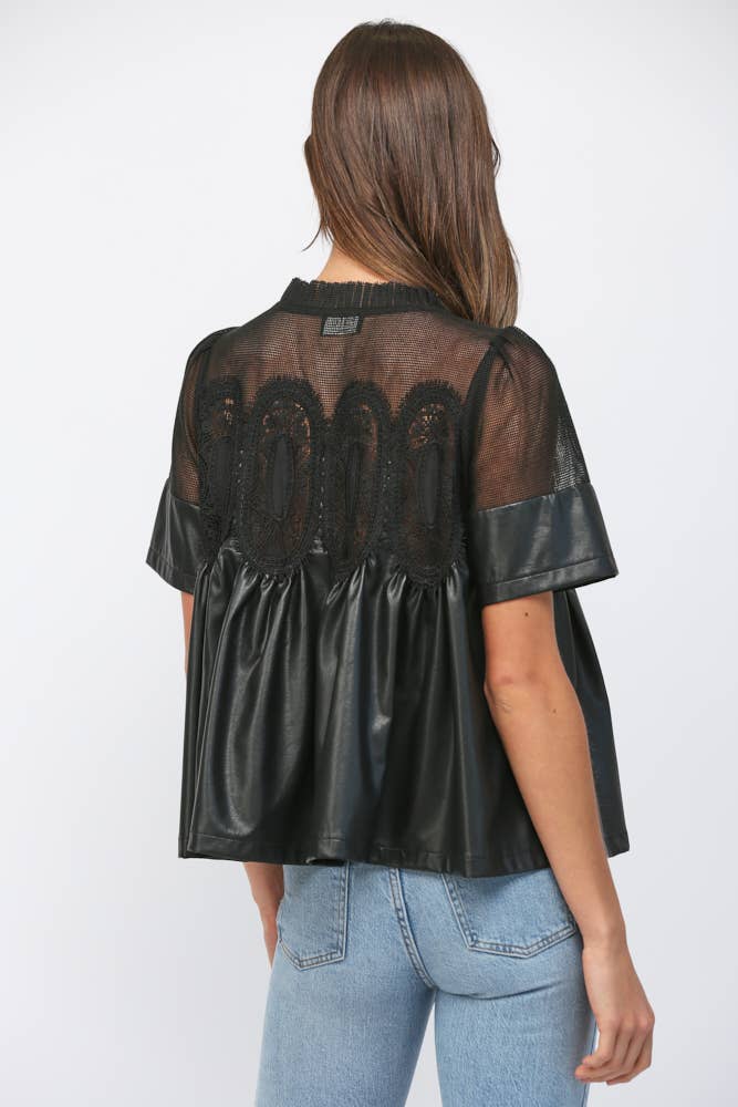 LACE OVERLAY FAUX LEATHER BABYDOLL TOP FT24196