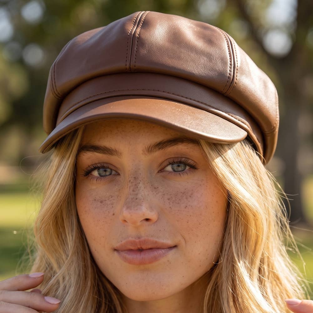 Paneled Vegan Leather Newsboy Cabbie Hat