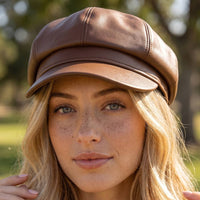 Paneled Vegan Leather Newsboy Cabbie Hat