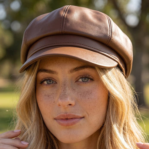 Paneled Vegan Leather Newsboy Cabbie Hat