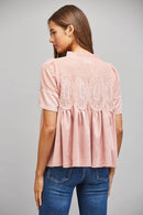 SHEER MESH UPPER PANEL WITH LACE APPLIQUE FAUX SUEDE TOP