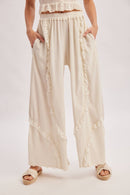 BOHO EYELET LACE RUFFLE TRIMMED WIDE PANTS
