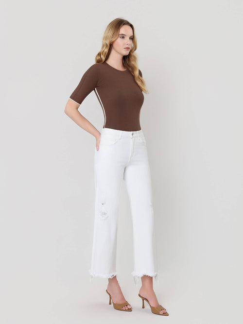 High Rise Raw Hem Crop Wide Leg Jeans