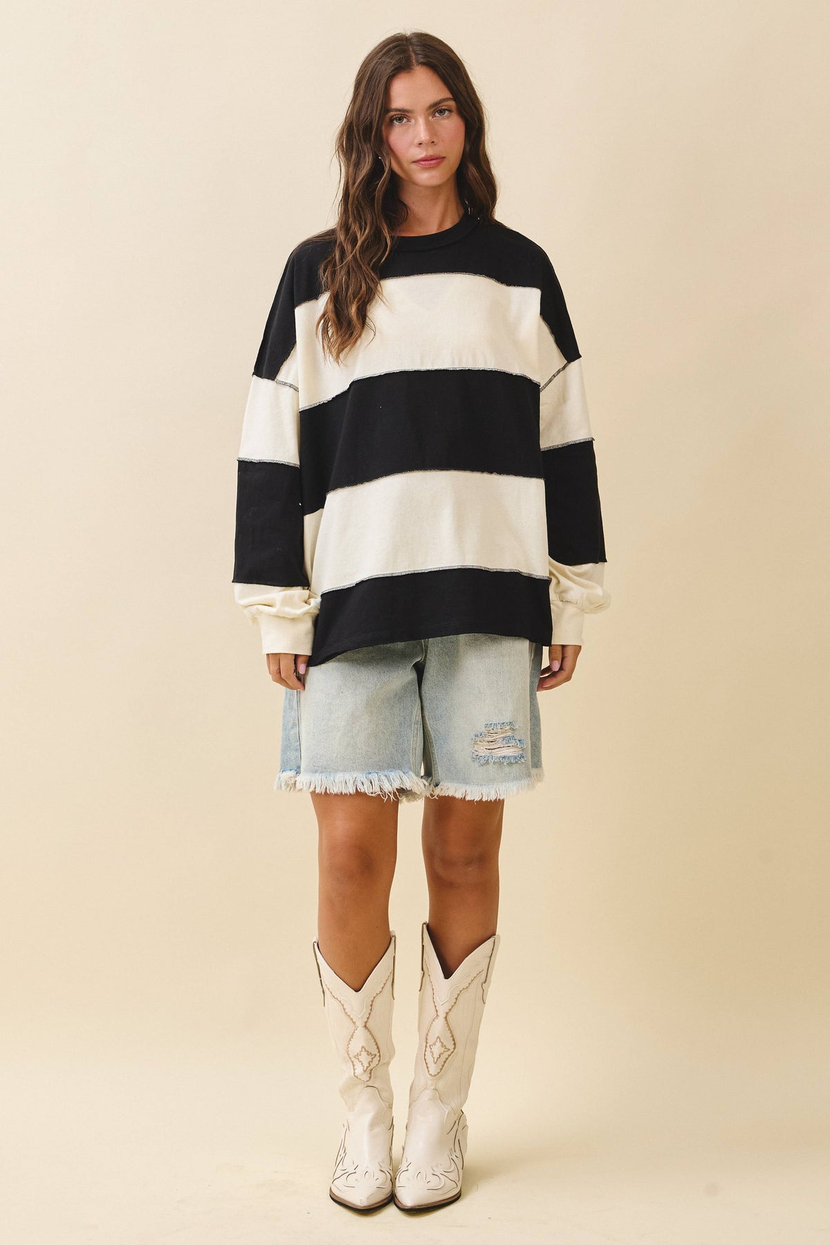 8551GN Oversized Color Block Long Sleeve Pullover